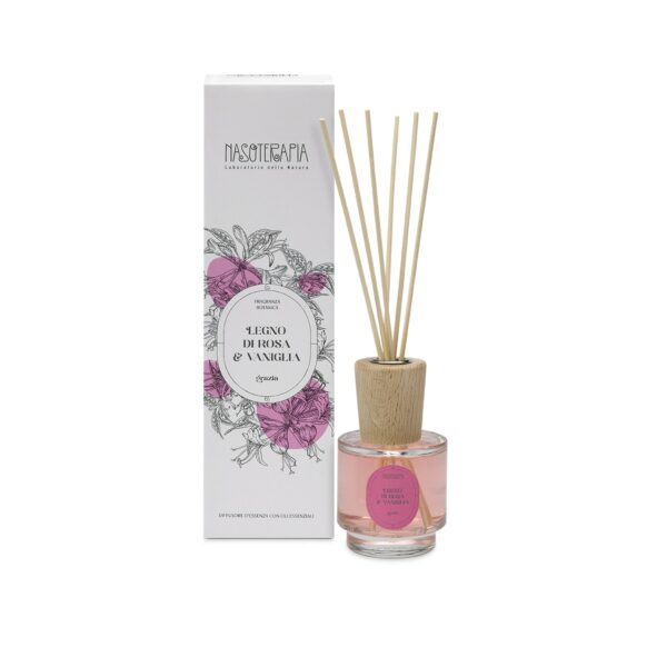 DIFFUSORE CON BASTONCINI LEGNO DI ROSA E VANIGLIA 100 ml | NASOTERAPIA