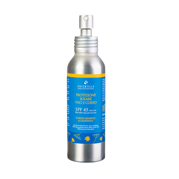PROTEZIONE SOLARE VISO E CORPO SPF 45 UVB+UVA FILTRO 100% MINERALE NON NANO CON ESTRATTI DI CAROTA SELVATICA E CALENDULA | POTENTILLA