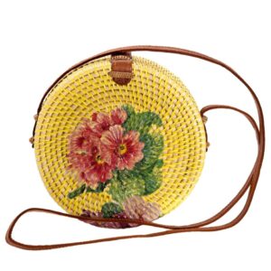 BORSA ROTONDA IN RATTAN INTRECCIATO CON DECORO FLOREALE