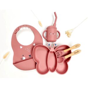 SET PAPPA SVEZZAMENTO "BUTTERFLY & FRIENDS" / 5 PEZZI IN SILICONE E LEGNO
